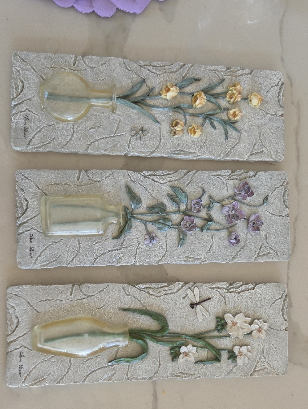 Textured Floral Wall Plaque Trio with Bottles - Yellow, Purple, White Flowers .